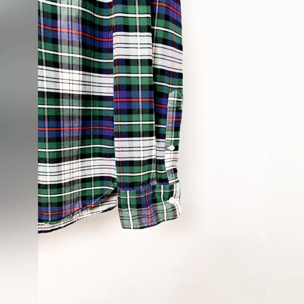 Set of 2 J. Crew Oxford Button‎ Up Plaid Cotton Long Sleeve Shirts Red Green L